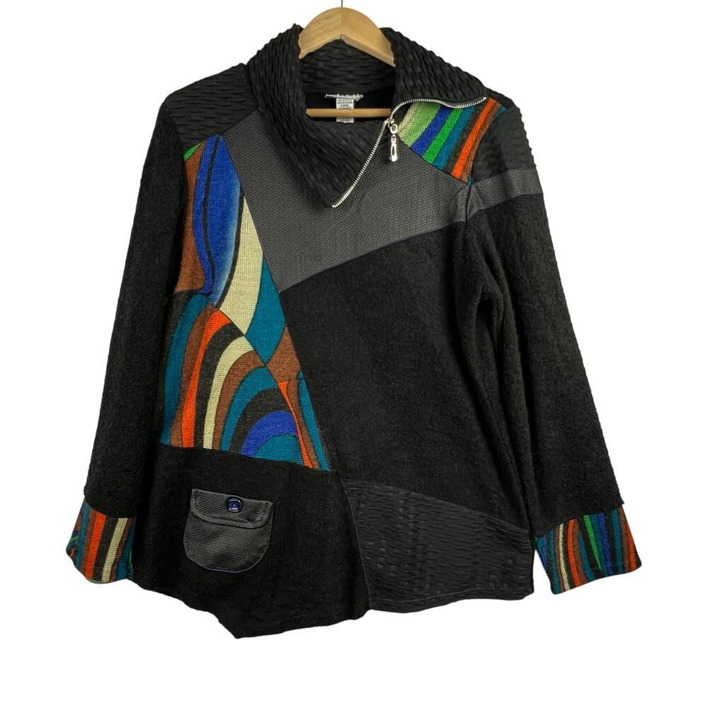Y2K VTG Mirror Image Wool Art to Wear Mixed-Media LAGENLOOK Asymmetrical Zip M